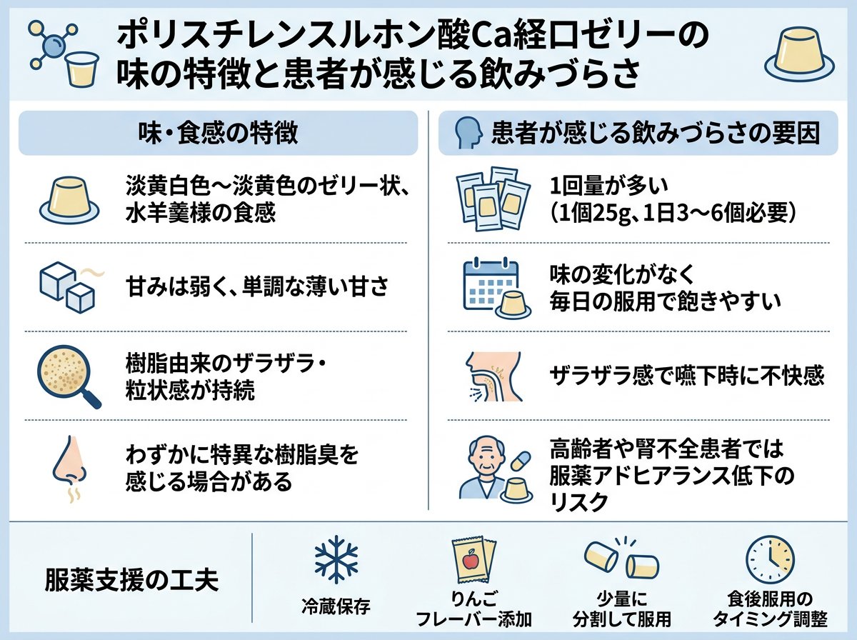 ポリスチレンスルホン酸ca経口ゼリーの味の特徴と患者が感じる飲みづらさ